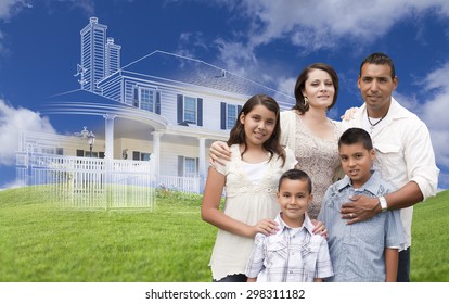 Hispanic Family With Ghosted House Drawing, Partial Photo And Rolling Green Hills Behind.