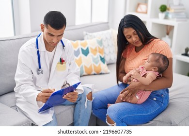 Hispanic Family Having Medic Consultation Writing On Document At Home