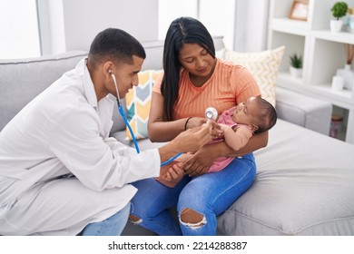 Hispanic Family Having Medic Consultation Auscultating Baby At Home