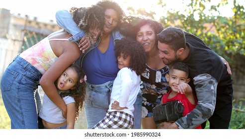 Hispanic Family Photo Outside, Real People Embrace Together