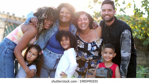 Hispanic Family Photo Outside, Real People Embrace Together