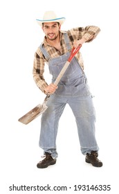 Hispanic Farmer Holding A Shovel On A White Background