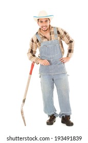 Hispanic Farmer Holding A Shovel On A White Background