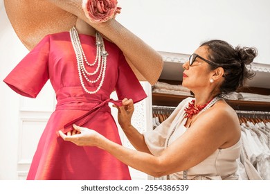 Hispanic fashion designer adjusting dress on mannequin in atelier - Powered by Shutterstock