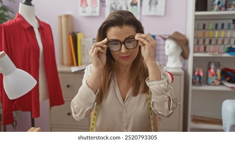 Hispanic fashion designer in glasses adjusting her hairstyle in a tailor's atelier, surrounded by mannequins and colorful textile - Powered by Shutterstock