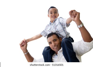 Hispanic Father And Son Having Fun Isolated On A White Background.