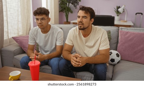 Hispanic father and son sitting together in a living room watching something intently with a soccer ball beside them, showcasing family bonding and shared interests. - Powered by Shutterstock