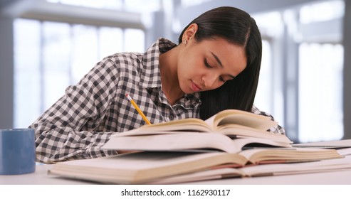 Hispanic Female College Student Studies For An Exam At Her Campus Study Hall 