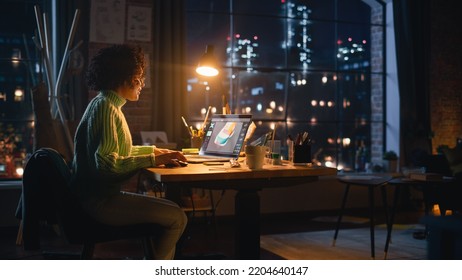 Hispanic Female Designer Changes Colour of 3d Model of the Shoe, Creating Footwear Design on her Laptop Computer During the Evening. Girl Working Remotely. Graphic Designer Concept. - Powered by Shutterstock