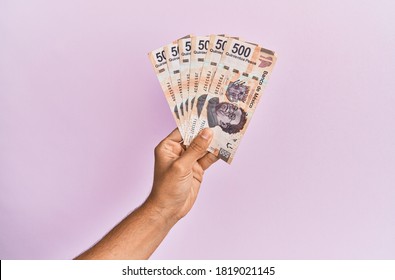 Hispanic hand holding 500 mexican pesos  banknotes over isolated pink background.