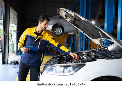 Hispanic latin man mechanic repairs car in garage. Car maintenance and auto service garage concept. Closeup hand and spanner. Insurance agent - Powered by Shutterstock