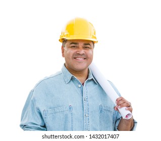 Hispanic Male Contractor In Hard Hat With Blueprint Plans Isolated On A White Background.