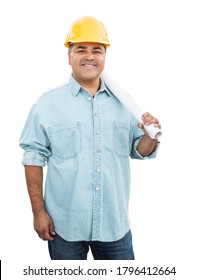 Hispanic Male Contractor In Hard Hat With Blueprint Plans Isolated On A White Background.