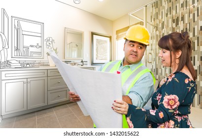 Hispanic Male Contractor Talking with Female Client Over Blueprint Plans In Front of Bathroom Drawing Gradating to Photo.