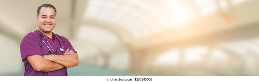 Hispanic Male Nurse Inside Hospital Building Banner.