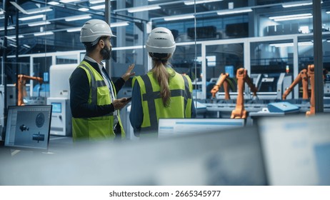Hispanic Male Process Engineer Using Tablet And Talking To Caucasian Female Supervisor At Autonomous Assembly Line With Robotic Arms. Colleagues Wearing Hardhats, Discussing New Engine.