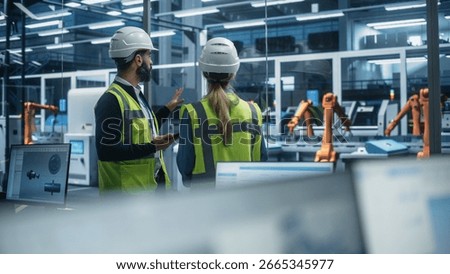 Hispanic Male Process Engineer Using Tablet And Talking To Caucasian Female Supervisor At Autonomous Assembly Line With Robotic Arms. Colleagues Wearing Hardhats, Discussing New Engine.