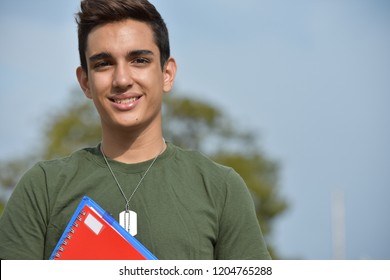 Hispanic Male Teen Military Student And Happiness