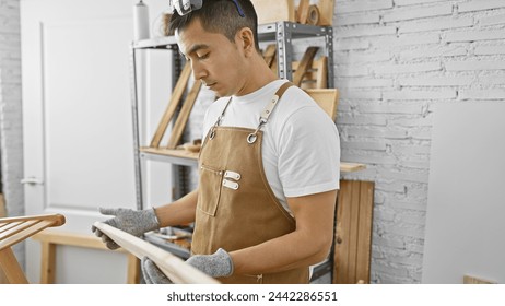 Hispanic man in apron inspecting wood in a carpentry workshop, embodying craftsmanship and skill. - Powered by Shutterstock