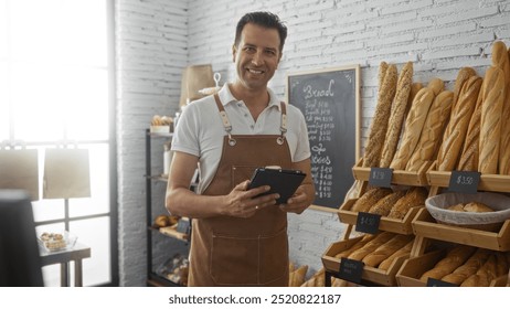 Hispanic man in apron smiles in bakery interior while holding a tablet, surrounded by bread and chalkboard menu. - Powered by Shutterstock