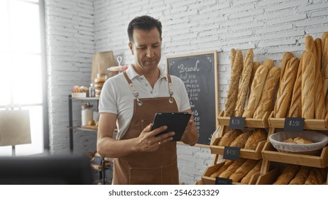Hispanic man in apron using tablet in bakery shop with bread shelves in background, indoors, checking prices and inventory. - Powered by Shutterstock - Get 15% off with code: PIKWIZARD15