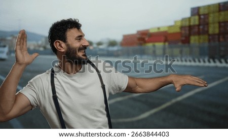 Hispanic man with beard gesturing playfully at a port with ships and containers in the background, creating a lively scene with maritime and industrial vibes.