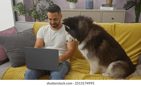 Hispanic man with beard using laptop while adorable fluffy husky looks on in a cozy living room.