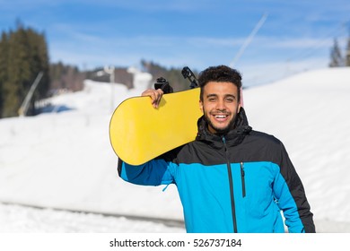 Hispanic Man Hold Snowboard Ski Resort Winter Snow Mountain Cheerful Happy Smiling Guy Holiday Extreme Sport Vacation