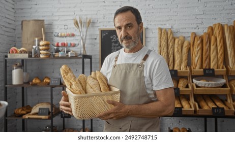 Hispanic man holding a basket of fresh baguettes in a cozy bakery filled with assorted bread and pastries on display in the background. - Powered by Shutterstock