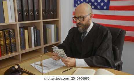 Hispanic man in a judge's robe counting american dollars in an office with a united states flag, surrounded by books and legal documents. - Powered by Shutterstock