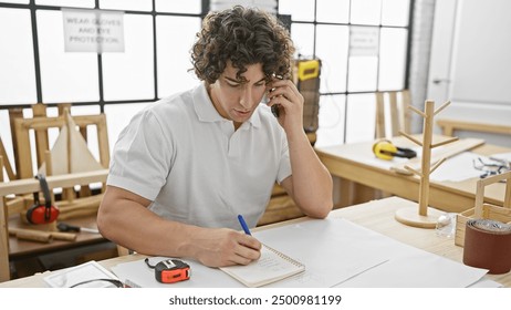 Hispanic man multitasking in carpentry workshop while talking on phone and writing notes