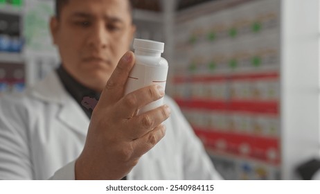 Hispanic man pharmacist examining medication bottle in drugstore - Powered by Shutterstock