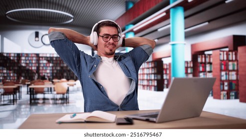 Hispanic Man Relaxing At Library While Using Laptop. Study Break