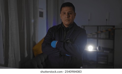 Hispanic man in a security uniform confidently stands indoors, arms crossed, in a dark room with a spotlight - Powered by Shutterstock