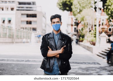 Hispanic Man Wearing Mask Face To Prevent Infection Or Respiratory Illness, Mexican Man With Protection Against Contagious Coronavirus In Mexico Latin America