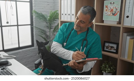 Hispanic middle-aged man veterinarian in a clinic with two chihuahuas taking notes on a clipboard. - Powered by Shutterstock