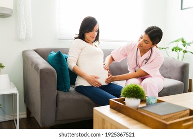 Hispanic midwife in a nursing uniform examining and feeling the baby in the belly of a happy pregnant woman during a home visit