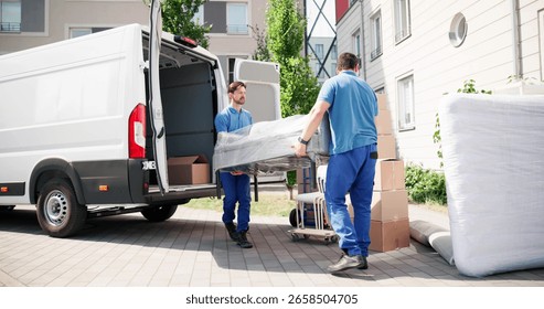 Hispanic Movers In Blue Uniform Loading Truck For Furniture Delivery