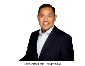 Hispanic Or Pacific Islander Man In Business Suit Smiling At The Camera On A White Background