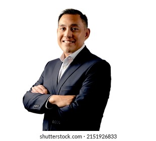 Hispanic Or Pacific Islander Man In Business Suit Smiling At The Camera On A White Background