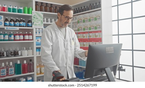 Hispanic pharmacist working on computer in modern drugstore