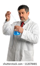 Hispanic Scientist Mixing Chemicals Isolated Over White Background