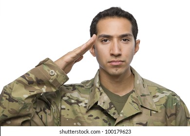 Hispanic Soldier Salutes On White Background