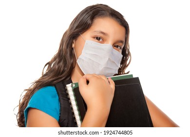 Hispanic Student Girl Wearing Face Mask With Books Isolated On White.