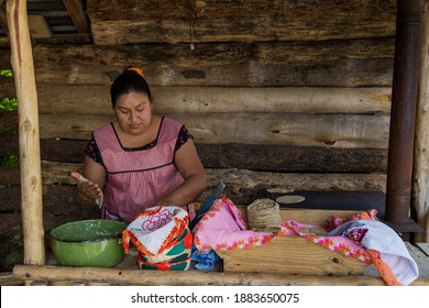 Hispanic Woman In An Apron Preparing Traditional Mexican Tortillas In An Outdoors Kitchen