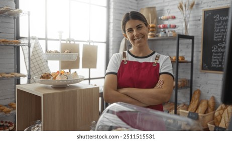 Hispanic woman with brunette hair and a red apron stands with her arms crossed in a bakery filled with fresh bread and pastries, smiling confidently at the camera under natural light - Powered by Shutterstock