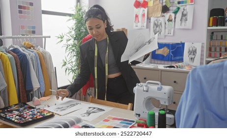 A hispanic woman designer examines fabric samples in a well-equipped tailoring atelier, surrounded by clothing sketches and a sewing machine. - Powered by Shutterstock