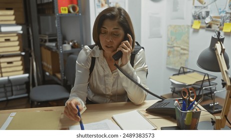 Hispanic woman detective working indoors at a police station, analyzing documents and talking on the phone. - Powered by Shutterstock