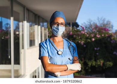 Hispanic Woman Doctor With Facemask In A Hospital In Latin America