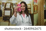 Hispanic woman doctor in gallery holding pink ribbon stethoscope art background portraying breast cancer awareness